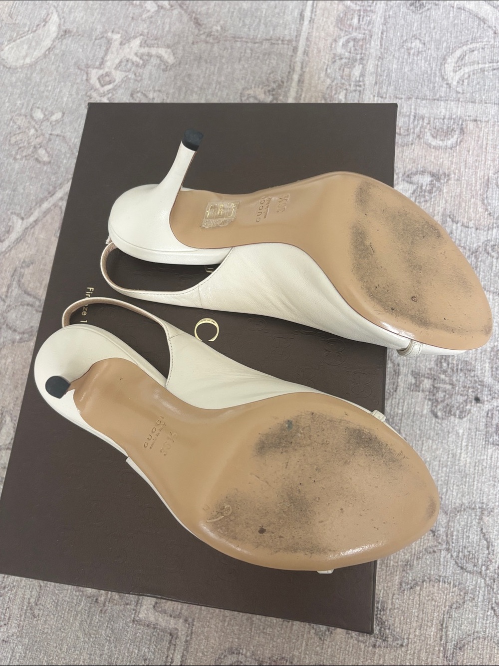 Gucci Cream Leather Peep-Toe Slingback Heels with Silver Tags - Picture 2 of 7